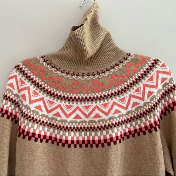 LL Bean Fair Isle Yolk Turtleneck Cotton Cashmere Sweater Tan and Coral, S - Picture 5 of 8